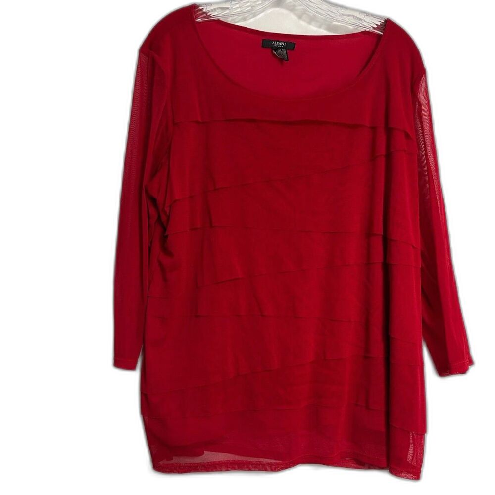Alfani Women's Layered Ruffled Front Mix Media Sheer Chiffon Blouse Red Sz 2X